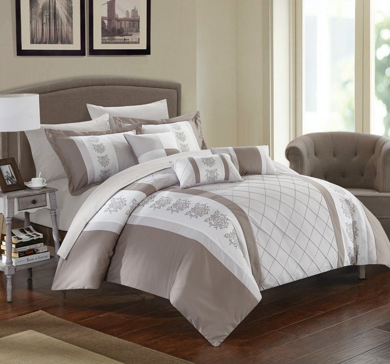 Dalton 10 Piece Comforter Set Pintuck Pieced Block Embroidery Bed In A Bag with Sheet Set