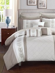 Dalton 10 Piece Comforter Set Pintuck Pieced Block Embroidery Bed In A Bag with Sheet Set - Beige