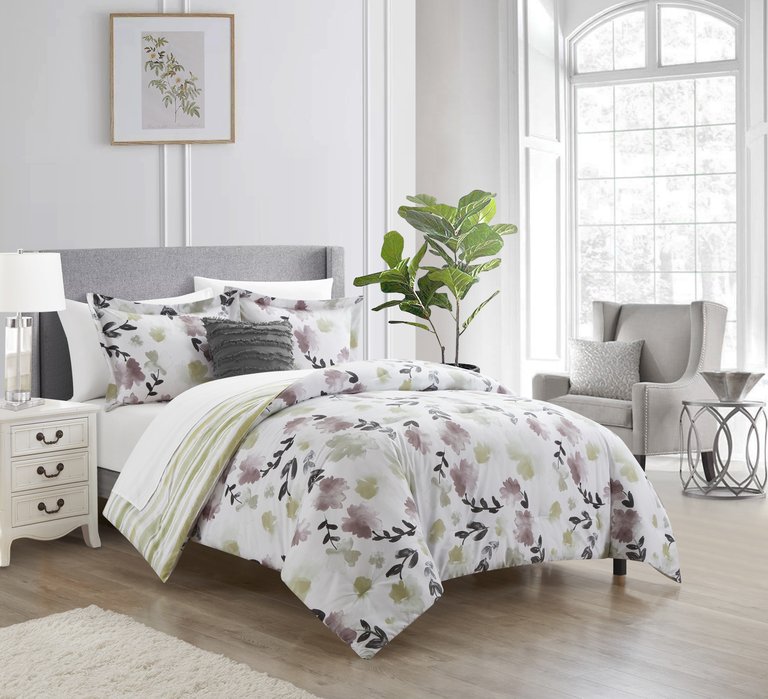 Devon Green 4 Piece Reversible Watercolor Floral Print Comforter Set - Decorative Pillow Shams Included