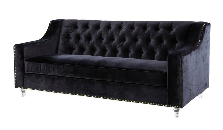 Dylan Velvet Modern Contemporary Button Tufted With Gold Nailhead Trim Round Acrylic Feet Sofa - Black