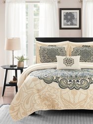 Elmaz 3 Piece Reversible Quilt Coverlet Set Large Scale Boho Inspired Medallion Paisley Print Design Bedding - Beige