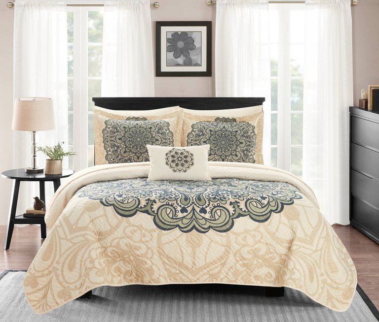 Elmaz 3 Piece Reversible Quilt Coverlet Set Large Scale Boho Inspired Medallion Paisley Print Design Bedding - Beige