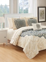 Elmaz 3 Piece Reversible Quilt Coverlet Set Large Scale Boho Inspired Medallion Paisley Print Design Bedding