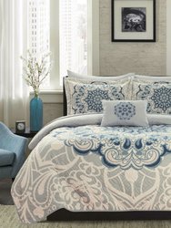 Elmaz 8 Piece Reversible Quilt Coverlet Set Large Scale Boho Inspired Medallion Paisley Print Design Bed In A Bag - Blue