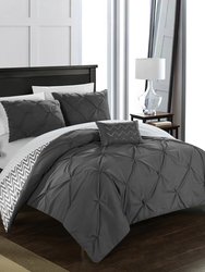 Erin 3 Piece Reversible Comforter Pinch Pleat Ruffled Design Geometric Chevron Pattern Bedding Set - Grey