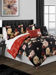 Ethel 4 Piece Reversible Comforter Set Floral Print Cursive Script Design Bedding