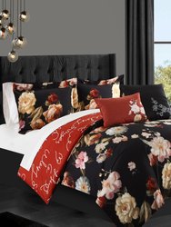 Ethel 4 Piece Reversible Comforter Set Floral Print Cursive Script Design Bedding