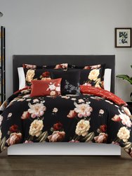 Ethel 4 Piece Reversible Comforter Set Floral Print Cursive Script Design Bedding - Black