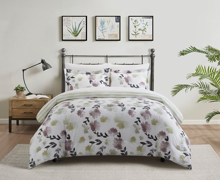 Everly Green 2 Piece Duvet Cover Set Reversible Watercolor Floral Print Striped Pattern Design Bedding - Green