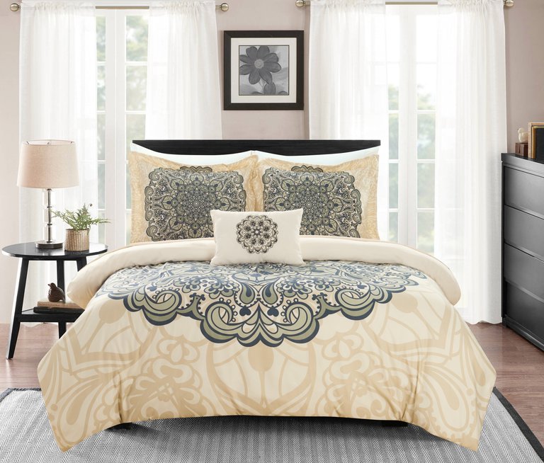 Fanny 3 Piece Reversible Duvet Cover Set Large Scale Boho Inspired Medallion Paisley Print Design Bedding - Beige