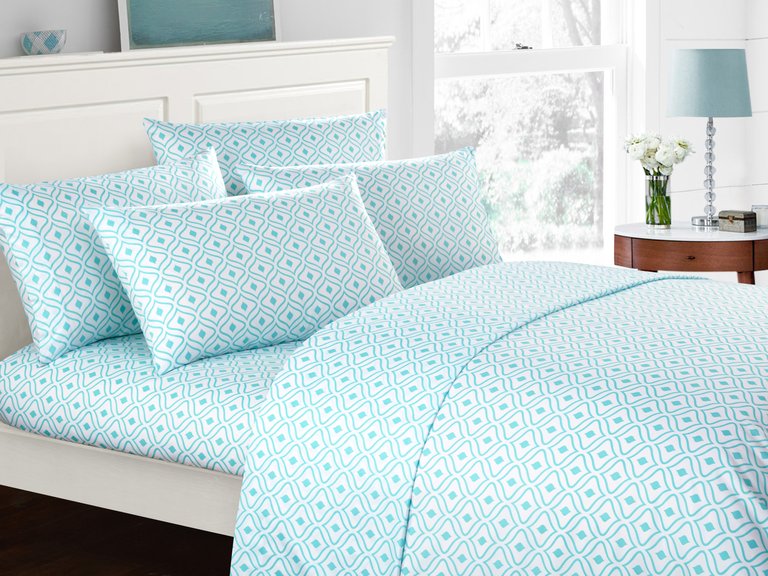 Fawn 4 Piece Sheet Set Super Soft Two-Tone Diamond Print Geometric Pattern Deep Pocket Design - Blue