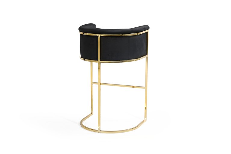 Finley Bar Stool Chair Velvet Upholstered Rolled Shelter Arm Design Half-Moon Goldtone Solid Metal U-Shaped Base