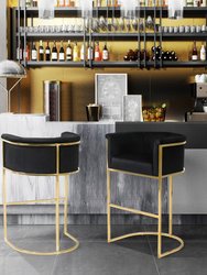 Finley Bar Stool Chair Velvet Upholstered Rolled Shelter Arm Design Half-Moon Goldtone Solid Metal U-Shaped Base