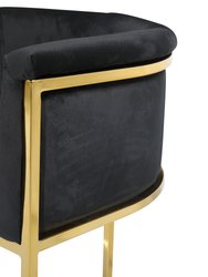 Finley Bar Stool Chair Velvet Upholstered Rolled Shelter Arm Design Half-Moon Goldtone Solid Metal U-Shaped Base