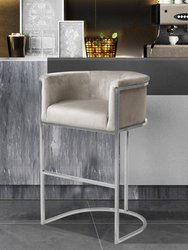 Finley Bar Stool Chair Velvet Upholstered Rolled Shelter Arm Design Half-Moon Goldtone Solid Metal U-Shaped Base