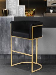 Finley Bar Stool Chair Velvet Upholstered Rolled Shelter Arm Design Half-Moon Goldtone Solid Metal U-Shaped Base