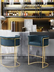 Finley Bar Stool Chair Velvet Upholstered Rolled Shelter Arm Design Half-Moon Goldtone Solid Metal U-Shaped Base