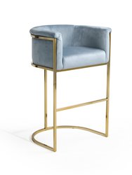 Finley Bar Stool Chair Velvet Upholstered Rolled Shelter Arm Design Half-Moon Goldtone Solid Metal U-Shaped Base - Blue