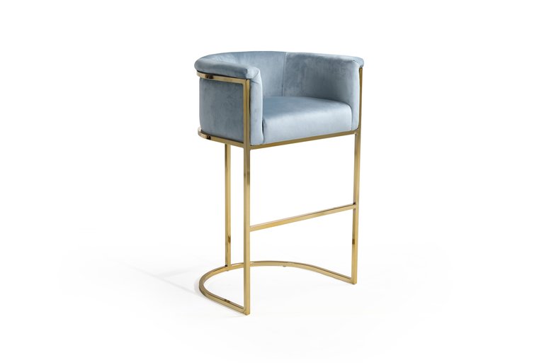 Finley Bar Stool Chair Velvet Upholstered Rolled Shelter Arm Design Half-Moon Goldtone Solid Metal U-Shaped Base - Blue