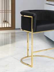 Finley Counter Stool Chair Velvet Upholstered Rolled Shelter Arm Design Half-Moon Chrometone Solid Metal U-Shaped Base, Modern Contemporary