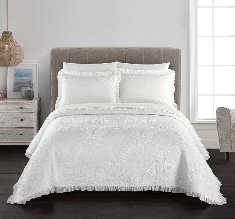 Finna 1 Piece Pillow Sham 100% Cotton Fish Scale Pattern Ruched Ruffled With Flanged Border - Cream