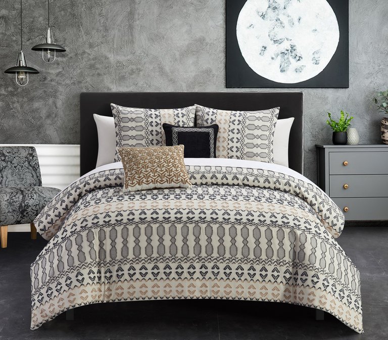 Gabriella 5 Piece Cotton Comforter Set Farmhouse Theme Geometric Striped Pattern Design Bedding - Beige