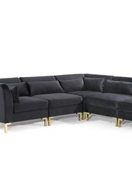 Girardi Modular Chaise Sectional Sofa Solid Gold Tone Metal Y-Leg With 6 Throw Pillows, Modern Contemporary