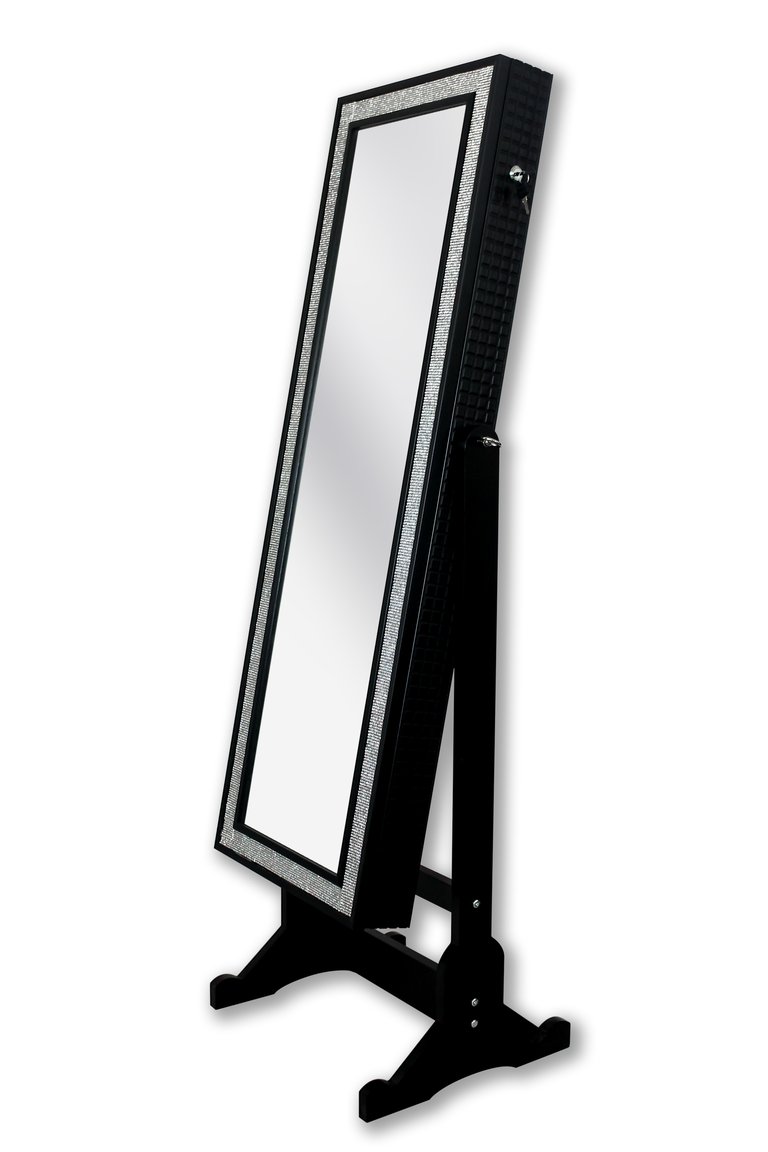 Glitzy Modern Contemporary Crystal-Bordered Rectangular Jewelry Storage Armoire Cheval Mirror Full-length - Elegant Black