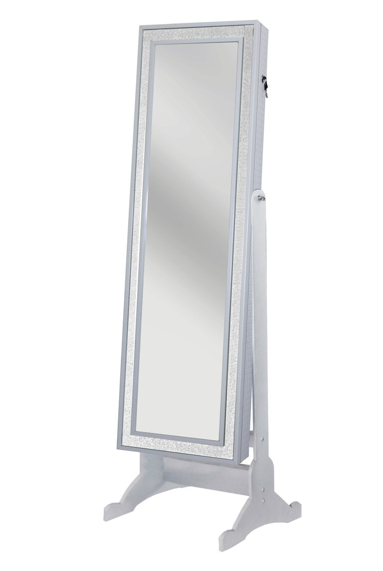 Glitzy Modern Contemporary Crystal-Bordered Rectangular Jewelry Storage Armoire Cheval Mirror Full-length