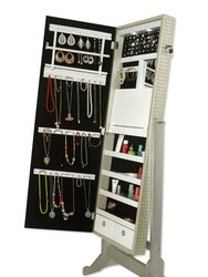 Glitzy Modern Contemporary Crystal-Bordered Rectangular Jewelry Storage Armoire Cheval Mirror Full-length