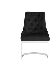 Gwen Dining Side Accent Chair Button Tufted Velvet Upholstery Half-Moon Silver Plated Solid Metal U-Shaped Base - Set Of 2, Modern Contemporary - Black
