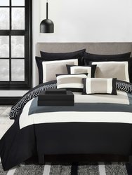 Heldin 10 Piece Comforter Set Reversible Hotel Collection Color Block Geometric Pattern Print Design Bed in a Bag Bedding - Black