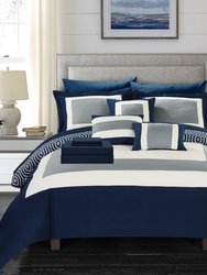Heldin 10 Piece Comforter Set Reversible Hotel Collection Color Block Geometric Pattern Print Design Bed in a Bag Bedding - Navy
