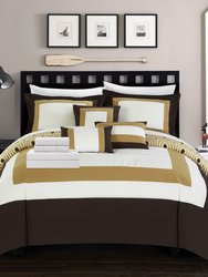 Heldin 10 Piece Comforter Set Reversible Hotel Collection Color Block Geometric Pattern Print Design Bed in a Bag Bedding - Gold