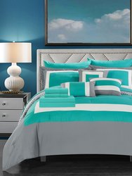 Heldin 10 Piece Comforter Set Reversible Hotel Collection Color Block Geometric Pattern Print Design Bed in a Bag Bedding - Turquoise