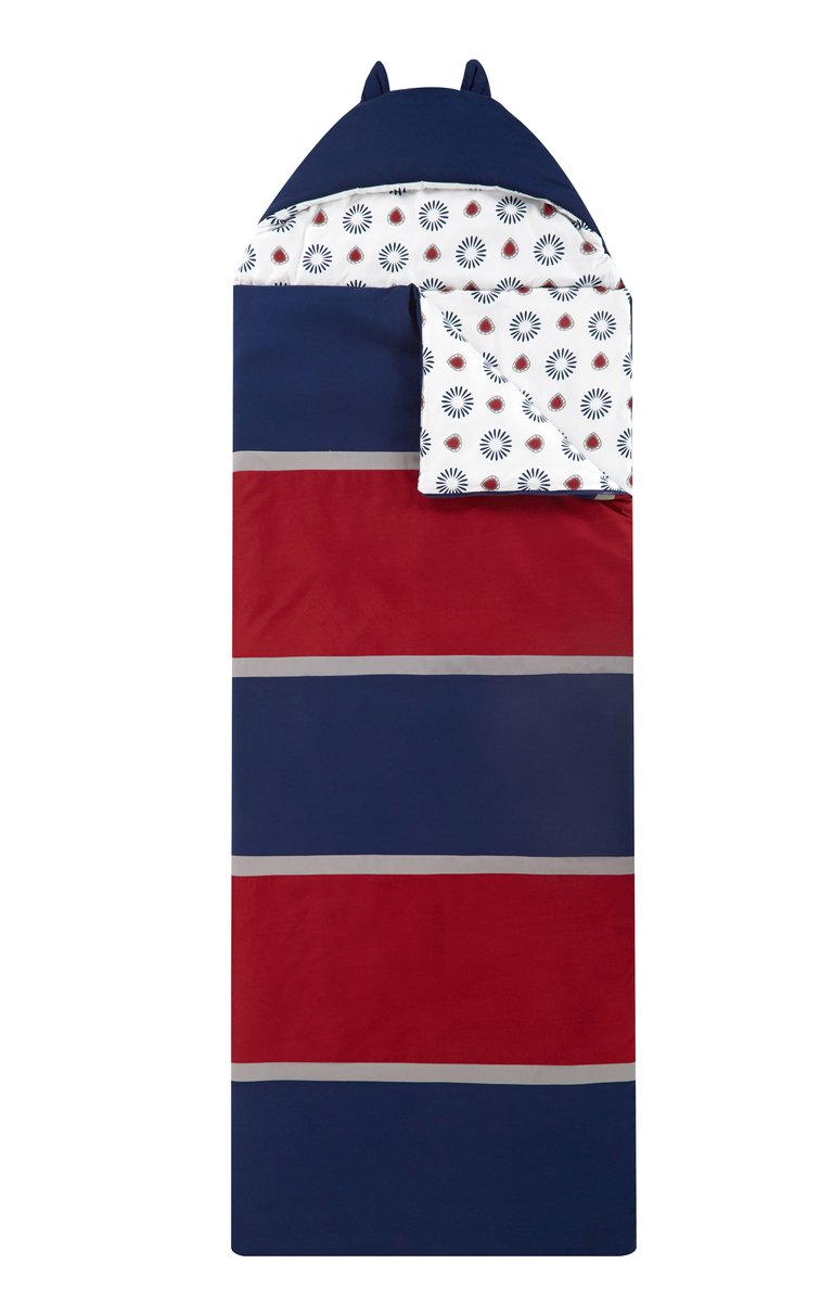Holger Sleeping Bag with Cat Ear Hood Two Tone Design With Geometric Pattern Print - Navy/Red