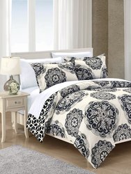 Ibiza 7 Piece Duvet Set Super Soft Microfiber Large Printed Medallion Reversible With Geometric Printed Backing - Black