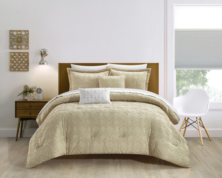 Janea 5 Piece Comforter Set Clip Jacquard Geometric Quatrefoil Pattern Design Bedding - Beige