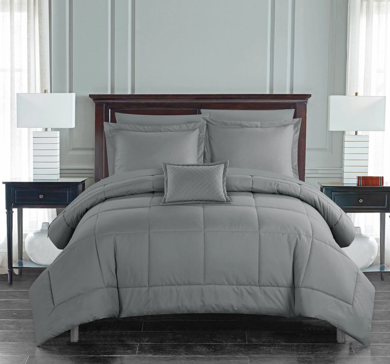 Jorin 6 Piece Comforter Set Pieced Solid Color Stitched Design Complete Bed In A Bag Bedding - Grey