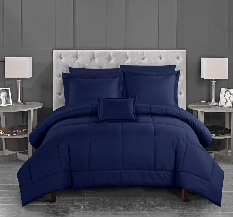 Jorin 6 Piece Comforter Set Pieced Solid Color Stitched Design Complete Bed In A Bag Bedding - Navy
