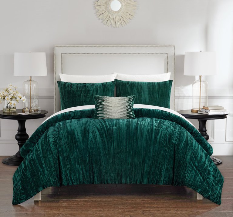 Kerk 8 Piece Comforter Set Crinkle Crushed Velvet Bed In A Bag Bedding - Sheet Set - Green
