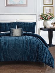 Kerk 8 Piece Comforter Set Crinkle Crushed Velvet Bed In A Bag Bedding - Sheet Set - Navy