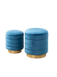 Koah 2 Piece Nesting Storage Ottoman Set Channel Quilted Velvet Upholstered Gold Tone Metal Base Removable Top With Discrete Interior Compartment - Blue
