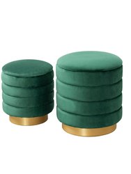 Koah 2 Piece Nesting Storage Ottoman Set Channel Quilted Velvet Upholstered Gold Tone Metal Base Removable Top With Discrete Interior Compartment - Green
