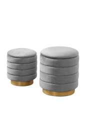 Koah 2 Piece Nesting Storage Ottoman Set Channel Quilted Velvet Upholstered Gold Tone Metal Base Removable Top With Discrete Interior Compartment - Grey