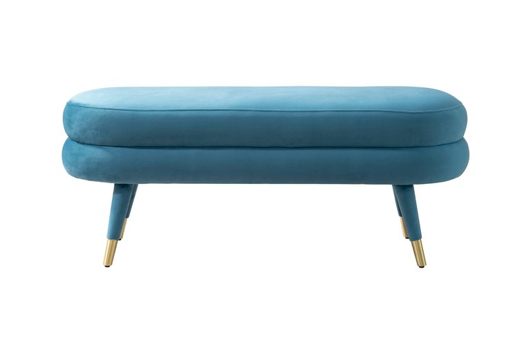 Lain Bench Plush Velvet Upholstery Tapered Gold Tip Metal Legs Rounded Seat Cushion - Blue