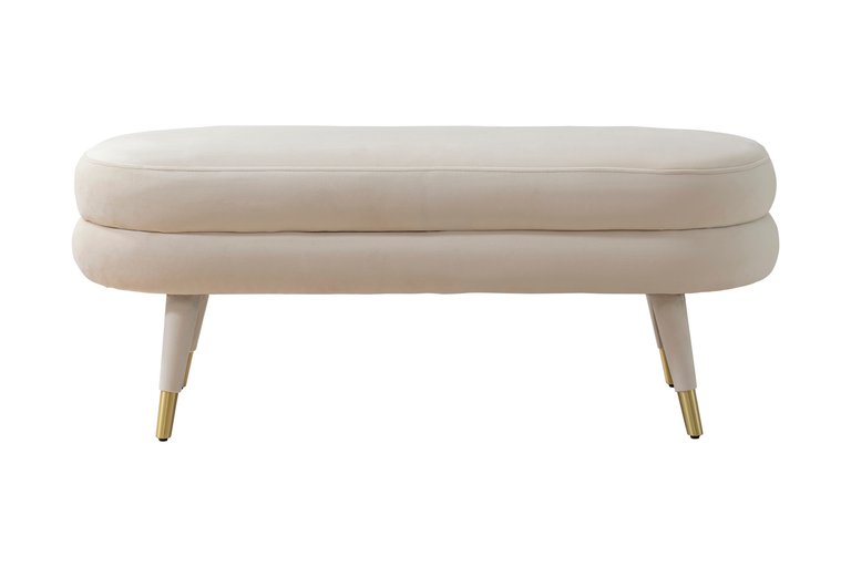 Lain Bench Plush Velvet Upholstery Tapered Gold Tip Metal Legs Rounded Seat Cushion - Beige