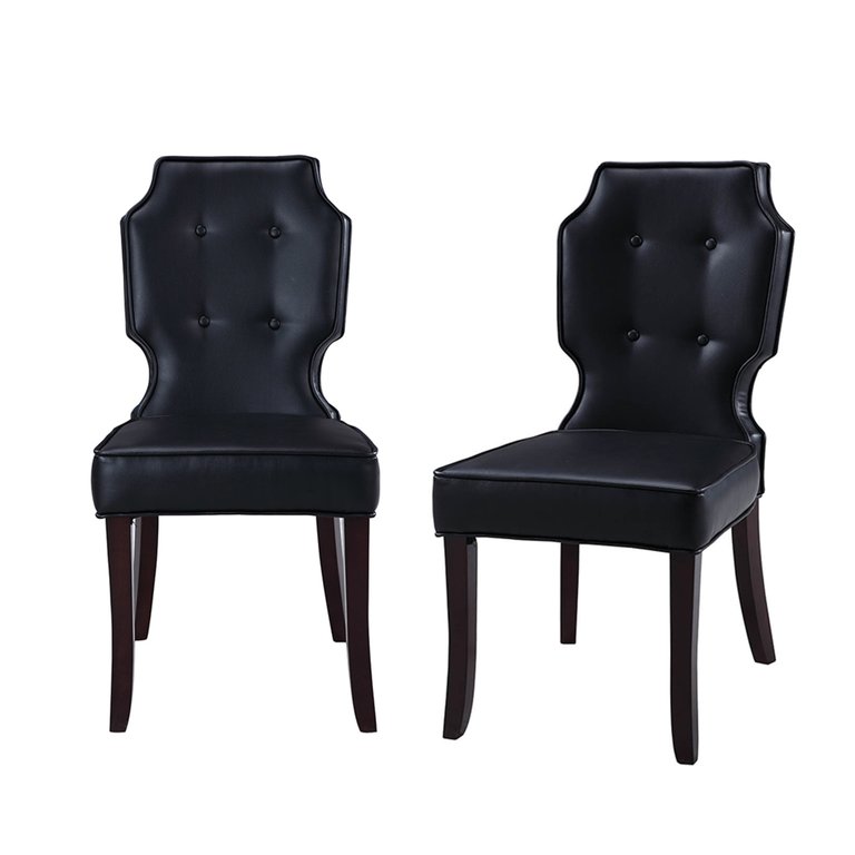 Lennon PU Leather Modern Contemporary Button Tufted Turned Wooden Leg Dining Chair, Set Of 2 - Black