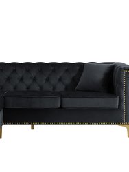 Levin Left Hand Facing Sectional Sofa L Shape Chaise Velvet Button Tufted Rolled Arm With Gold Nail Head Trim Gold Tone Metal Y-Leg - Black