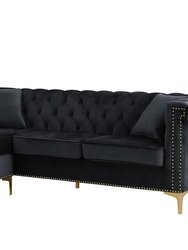 Levin Left Hand Facing Sectional Sofa L Shape Chaise Velvet Button Tufted Rolled Arm With Gold Nail Head Trim Gold Tone Metal Y-Leg